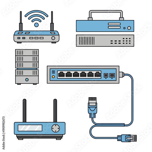 Flat design internet network devices and connectivity equipment set
