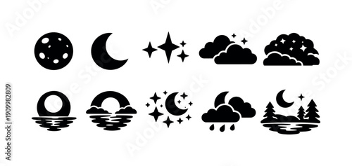 Nature and night silhouette icon set. Weather, moon, stars, clouds silhouette collection