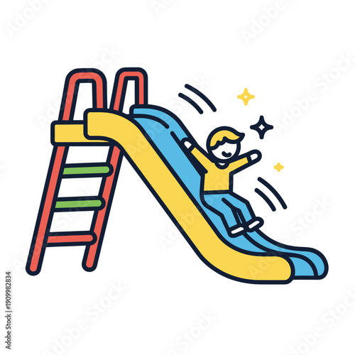 Happy child sliding down a colorful playground slide icon