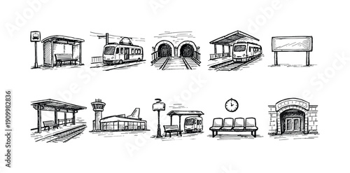 Transport, train, and station outline icon set. Travel and transit icons collection