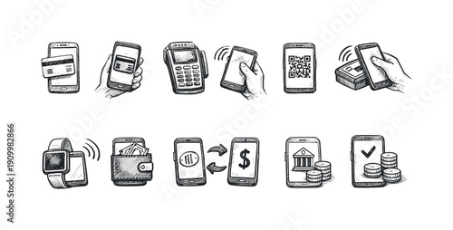 Mobile payment sketch icon set. Digital transactions, finance, banking outline collection.