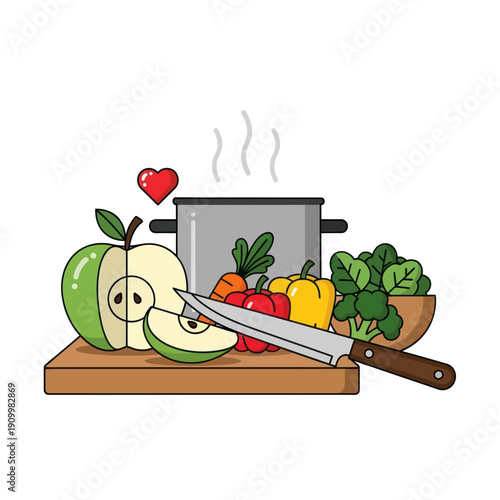 Healthy cooking with fresh vegetables and apple on cutting board