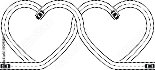 Car tire tracks forming heart shape, love road concept illustration, driving romance symbol, automotive travel design, relationship journey graphic art