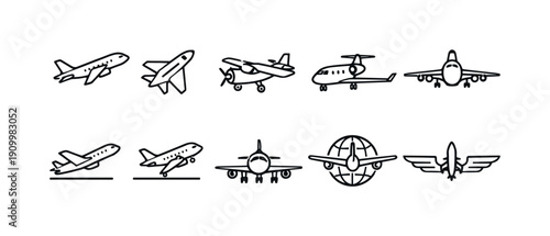 Aviation, aircraft linear icon set. Airplane, flight, travel outline icons collection