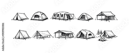 Camping tent icon set in outline style. Outdoor adventure, hiking gear icons collection.