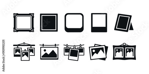Photo and picture frame silhouette icon set. Decorative borders, gallery display.