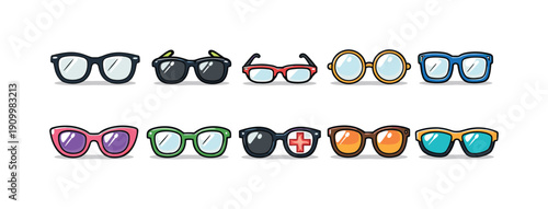 Eyewear accessory flat icon set. Glasses, sunglasses collection for fashion styles