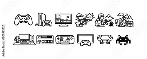 Gaming and esports outline icon set: console, pc, and mobile game concepts