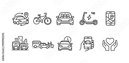 Transportation and navigation icon set. Flat pictograms for travel and mobility solutions