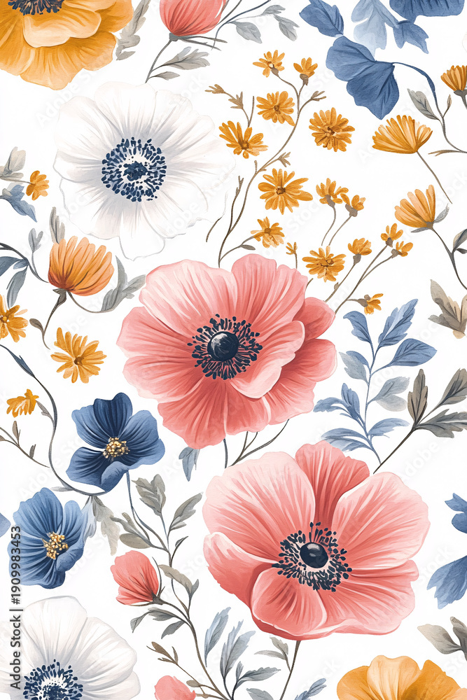 Fototapeta Vibrant Botanical Seamless Pattern with Anemone Flowers