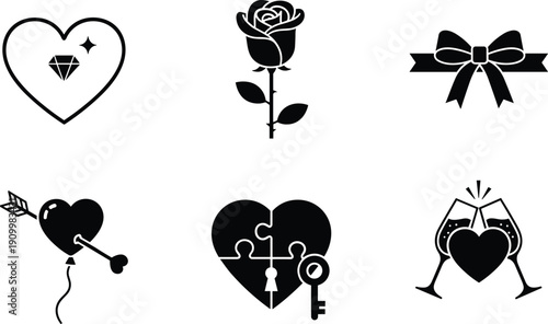 Black love and romance icons set, heart symbols, rose flower, bow ribbon, wedding relationship vector illustration