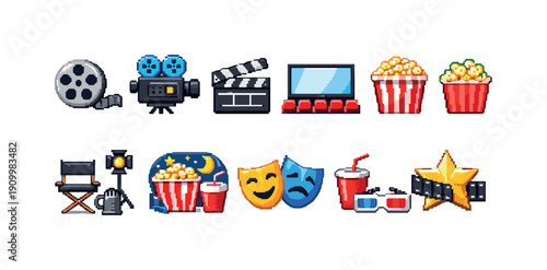 Cinema and entertainment icon set. Movie, theatre, popcorn icons in flat style