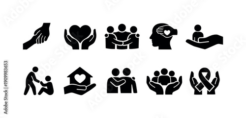 Community support solid icon set. Charity, unity, helping hands symbols collection