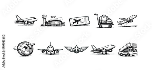 Air travel line icon set. Airport, airplane, and flight symbols collection.