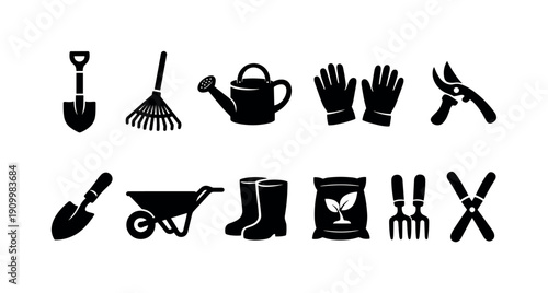 Gardening tools silhouette icon set. Essential garden equipment icons collection