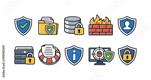 Cybersecurity, data protection color icon set. Firewall, shield icons in filled style