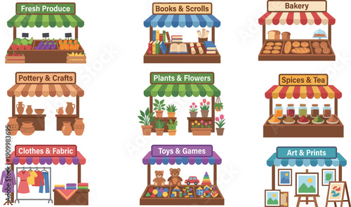 Colorful market stalls illustration set, local shop booths for farmers market, retail fair, street vendor design