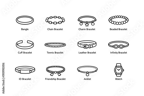 Variety of bracelets and watch: bangle, chain, charm, beaded, cuff, tennis, leather, infinity, id, friendship, anklet