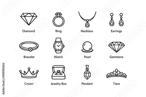 Jewelry icons: diamond, necklace, earrings, bracelet, crown