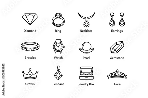 Simple black and white line icons of jewelry collection including diamond, ring, necklace, and earrings