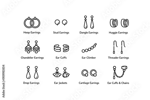 Variety of earring styles: hoops, studs, dangles, huggies, chandelier, ear cuffs