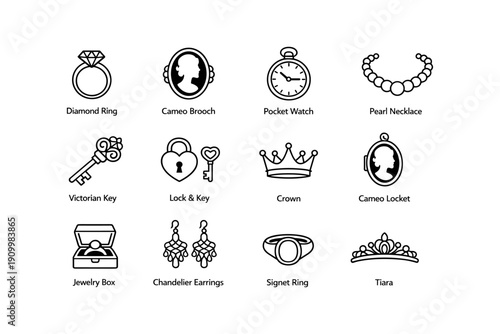 Elegant jewelry collection: rings, brooches, watches, necklaces, keys, crowns