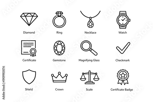 Outline icons of jewelry, certificate, and accessories