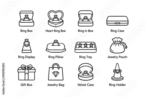 Variety of ring packaging: display cases, boxes, pillows, pouches, and holders