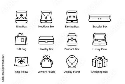 Elegant jewelry packaging icons: boxes, bags, pouches, and display stands