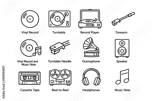 Music icons: vinyl, turntable, gramophone, headphones, cassette