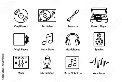 Music icon set with vinyl record, turntable, headphones, microphone, and speaker symbols