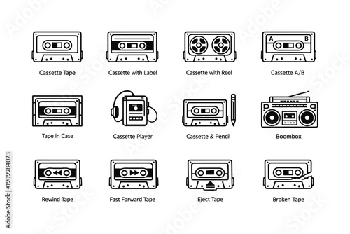 Vintage cassette icons: tapes, boombox, player, pencil, labels, reel