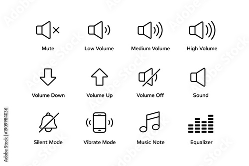 Audio icon set: volume controls and sound modes