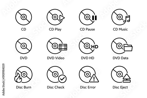 Cd dvd icons for media playback and data management: play, pause, music, video, hd, data, burn, check, error, eject