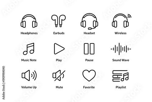 Audio icon set: headphones, earbuds, sound wave, volume, playlist symbols