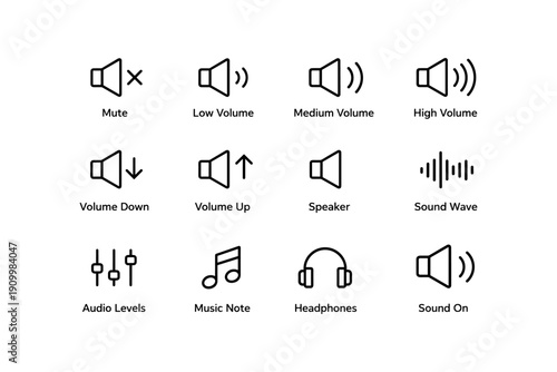 Audio icons set: mute, volume, speaker, sound wave, music note, headphones