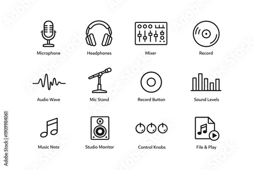 Audio equipment icons set with microphone headphones mixer and music symbols