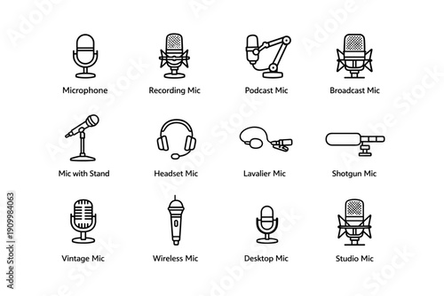 Various microphone types for audio recording and broadcasting