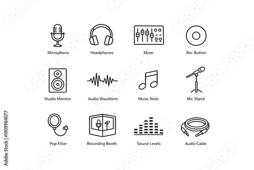Audio equipment icons: microphone, headphones, mixer, music note, pop filter