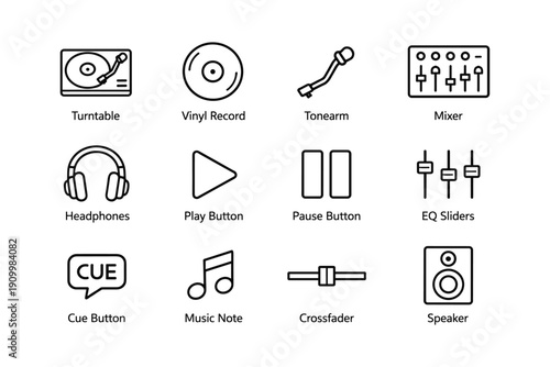 Music equipment icons set featuring turntable, vinyl, and mixer