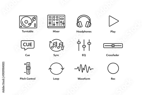 Dj equipment icons: turntable, mixer, headphones, play button, and more