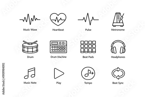 Musical icons set: heartbeat, metronome, drum, headphones, music note