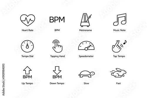 Music tempo and rhythm icons: bpm, metronome, heart rate, music note