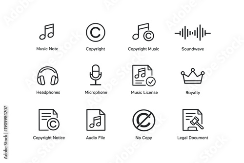 Audio and copyright icons set: music note, copyright, microphone, legal document