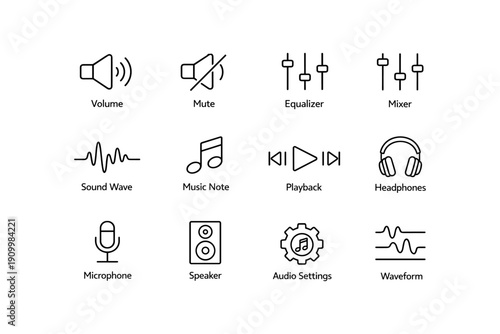 Audio control icons: volume, equalizer, mixer, headphones, microphone, sound wave