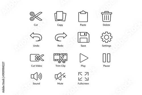 Icon set: edit, save, play, settings, multimedia functions