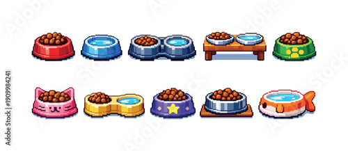 Pet food bowls icon set. Pixel art, pet care essentials pixel collection