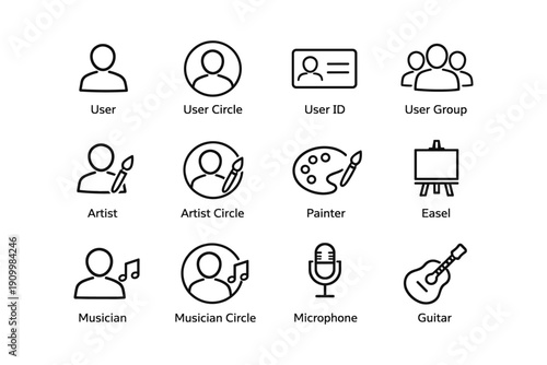 Set of simple line icons for user, artist, and musician categories