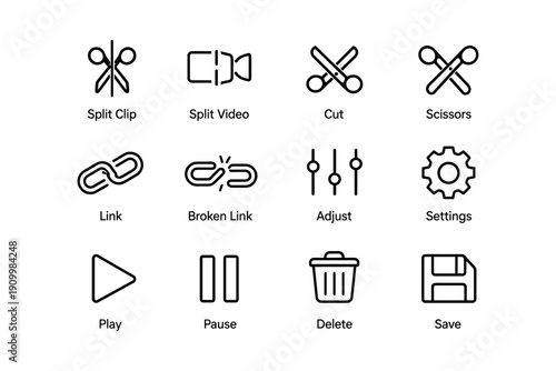 Video editing icons including split, cut, play, pause, delete, save, settings, adjust, link, broken link