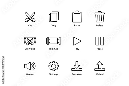 Set of basic computer icons for editing and media control functions